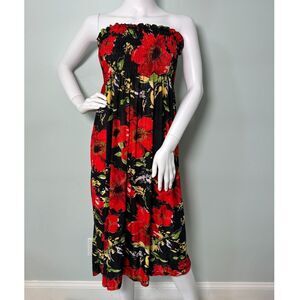 Red & Black Floral Smocked Midi Dress Y2k Style Strapless Sundress size XXS